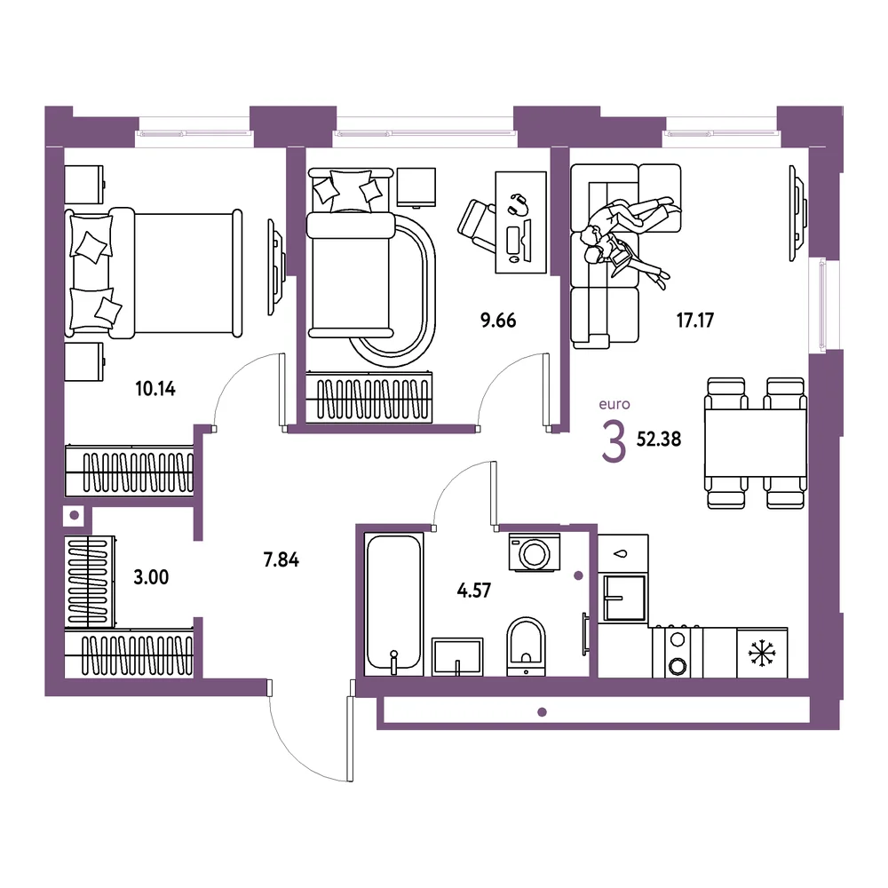 Планировка: Домашний 3-комнатная 52,38м²