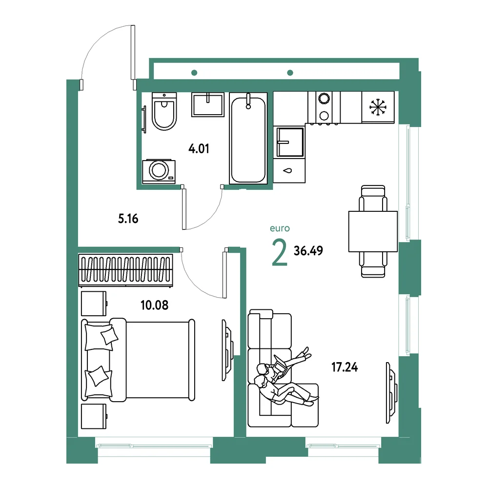 Планировка: Домашний 2-комнатная 36,49м²