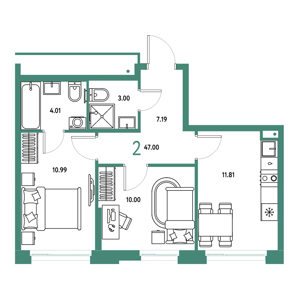 Планировка: Домашний 2-комнатная 47,00м²