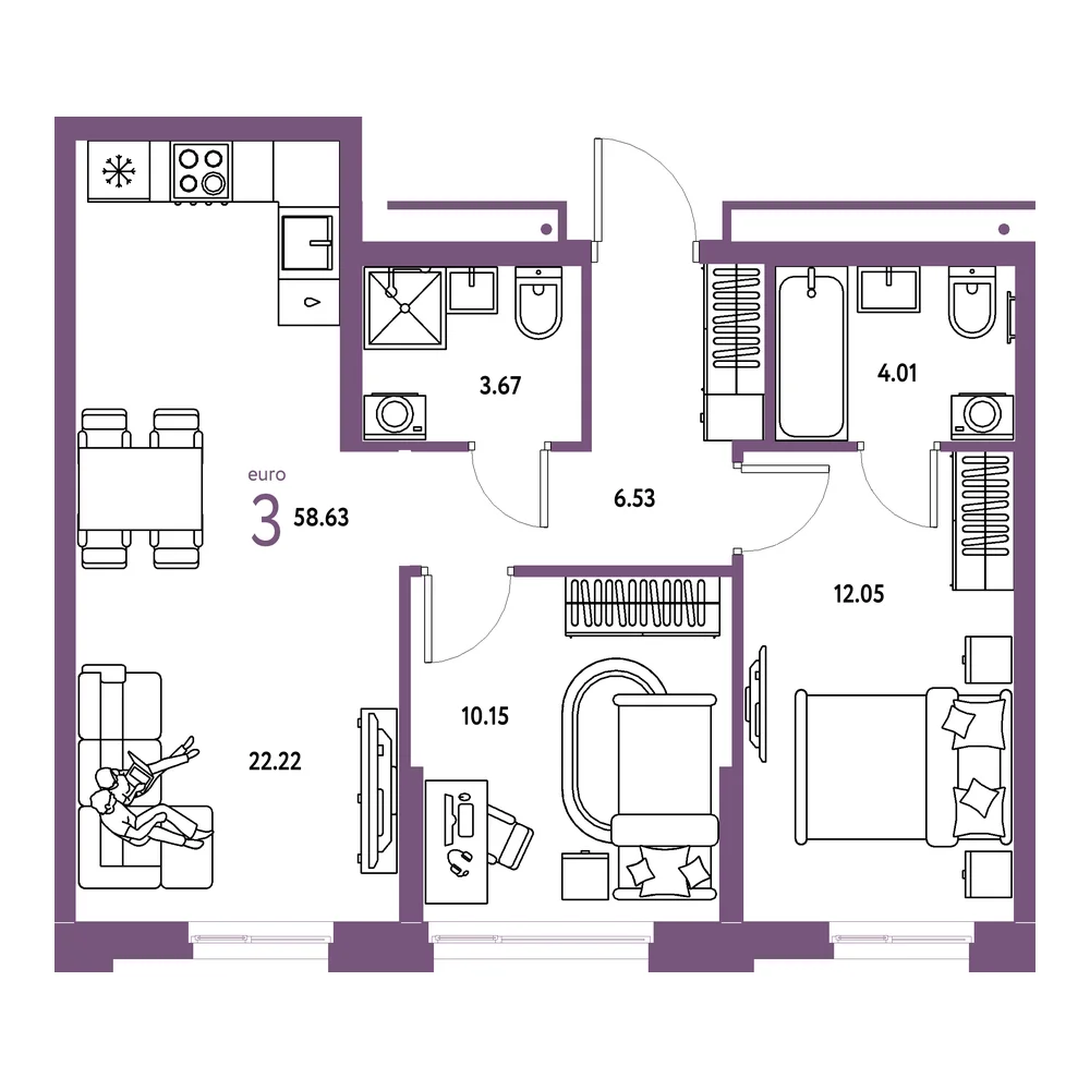 Планировка: Домашний 3-комнатная 58,63м²