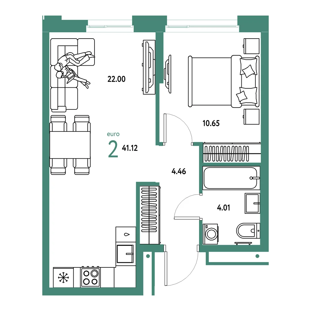Планировка: Домашний 2-комнатная 41,12м²