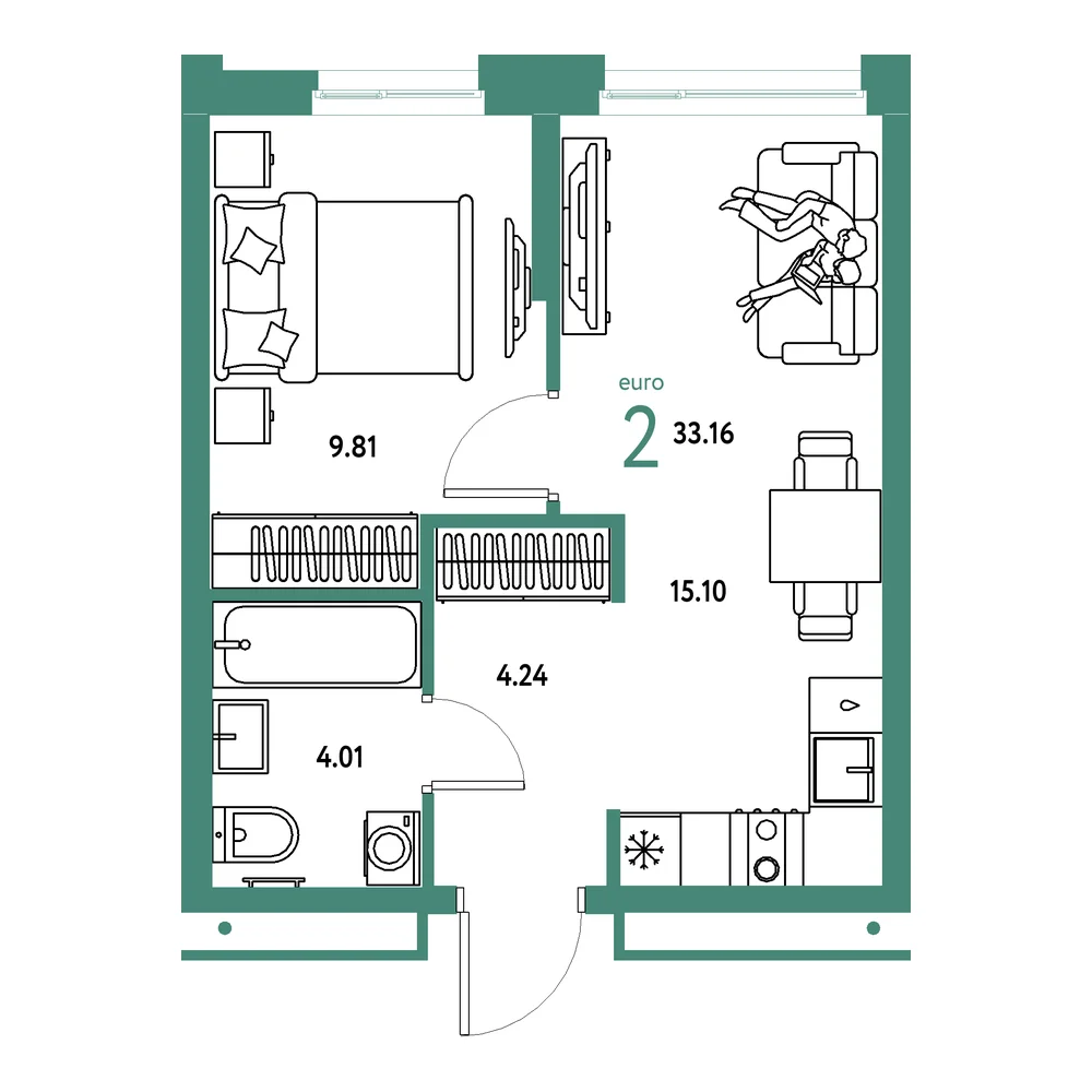 Планировка: Домашний 2-комнатная 33,16м²