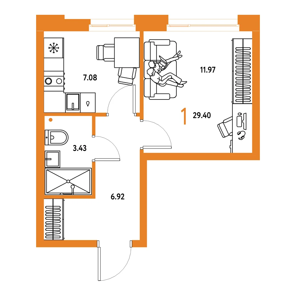 Планировка: Домашний 1-комнатная 29,40м²