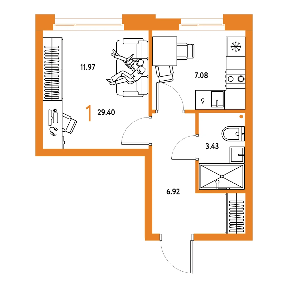 Планировка: Домашний 1-комнатная 29,40м²