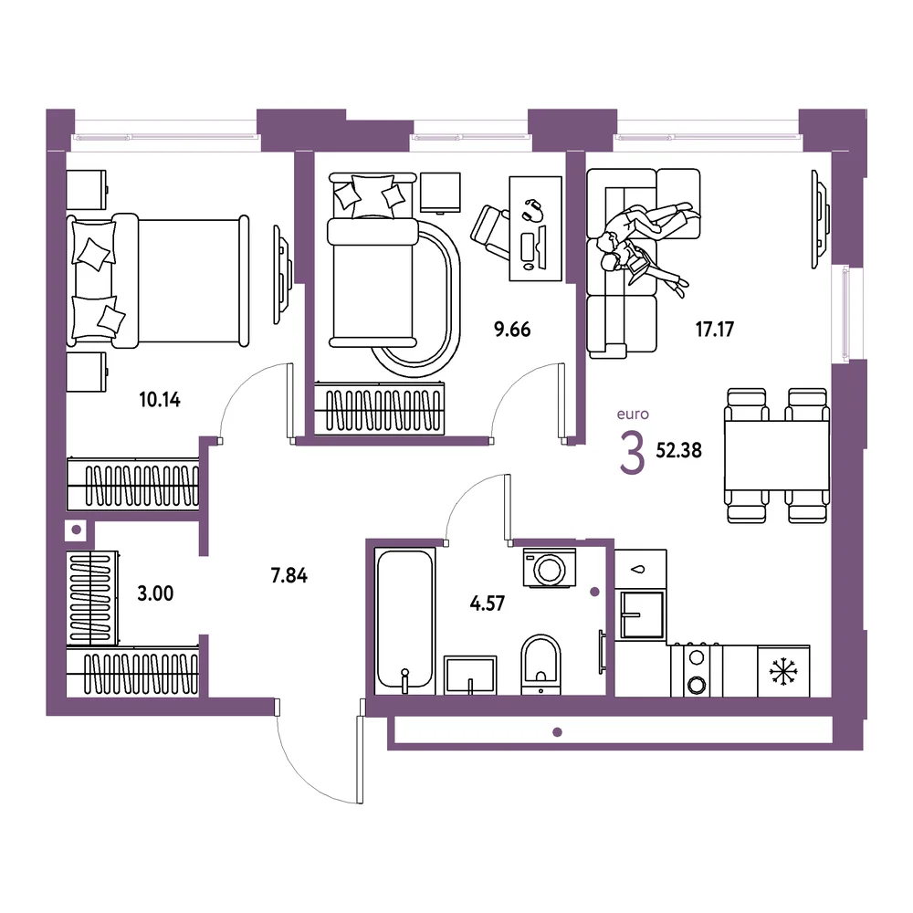 Планировка: Домашний 3-комнатная 52,38м²