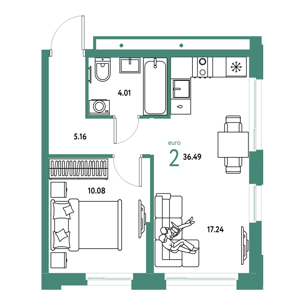 Планировка: Домашний 2-комнатная 36,49м²