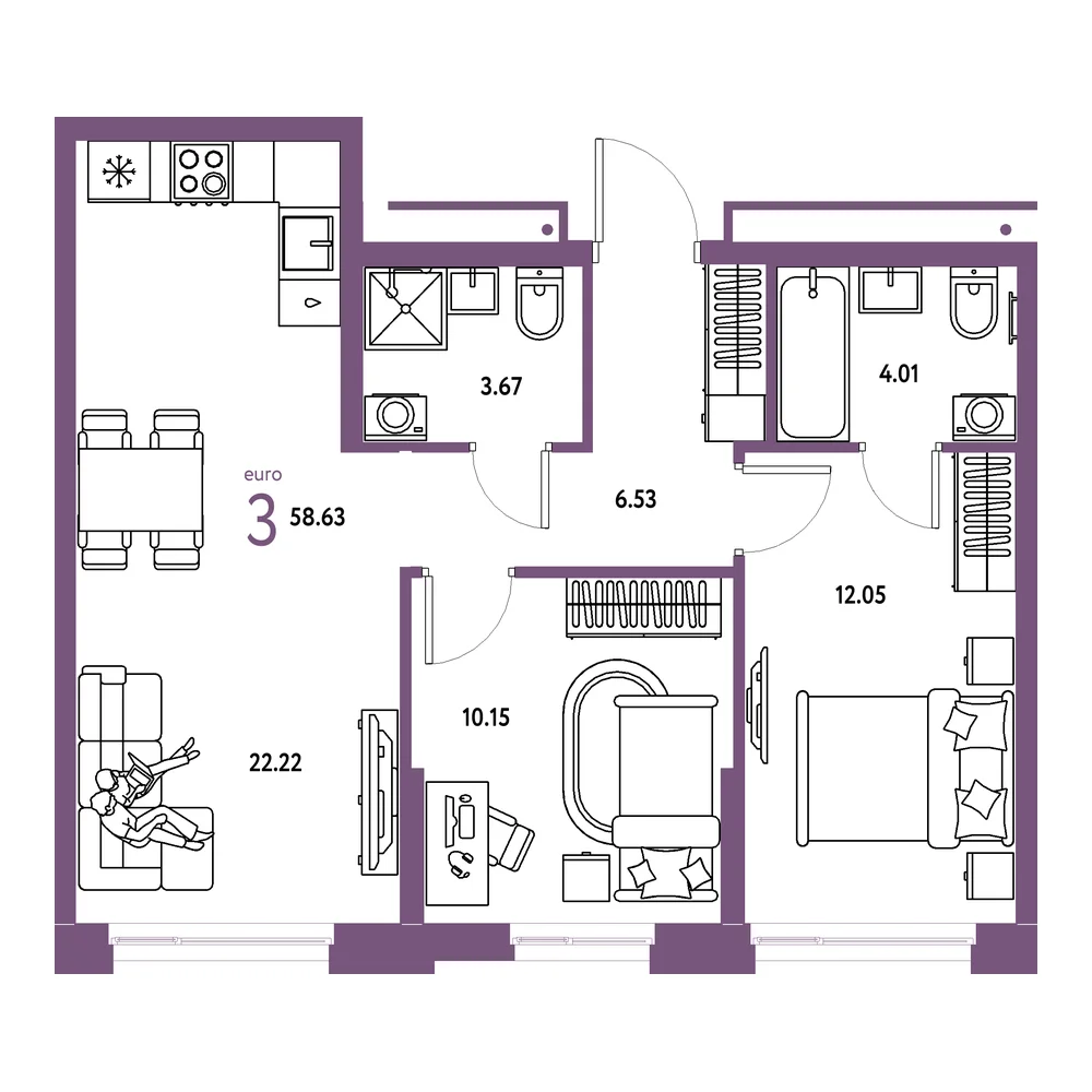 Планировка: Домашний 3-комнатная 58,63м²
