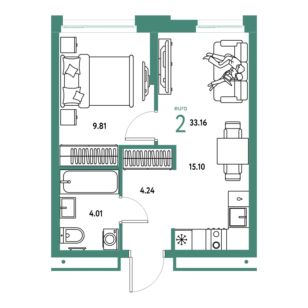 Планировка: Домашний 2-комнатная 33,16м²