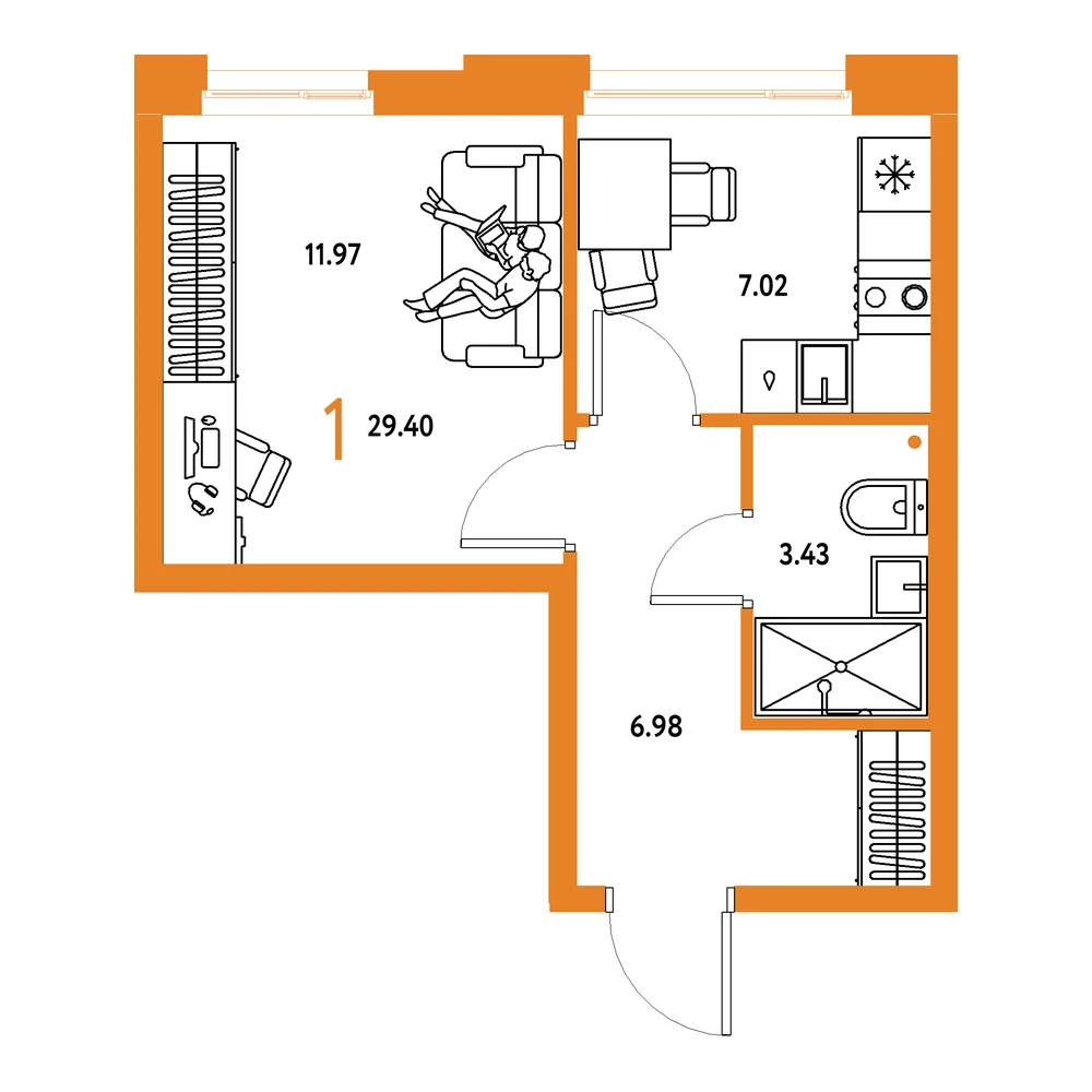Планировка: Домашний 1-комнатная 29,40м²