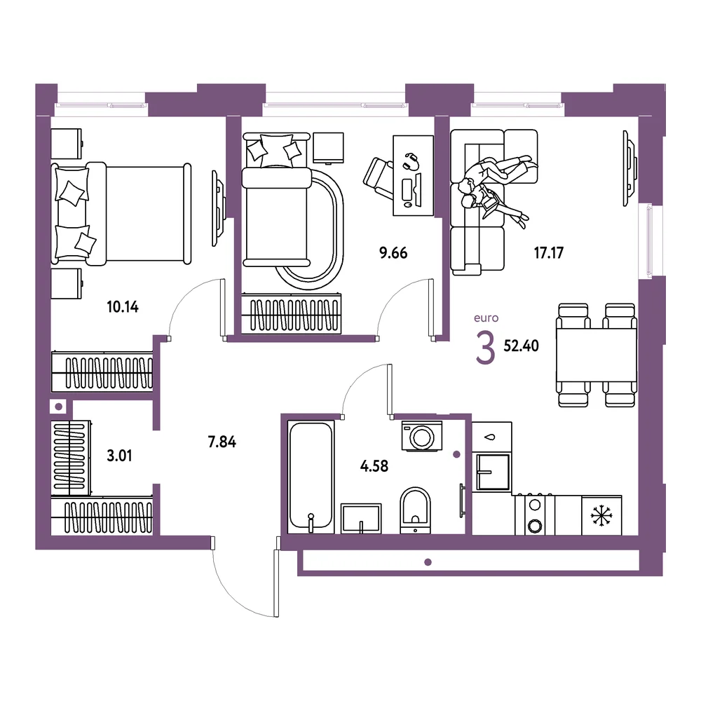 Планировка: Домашний 3-комнатная 52,40м²