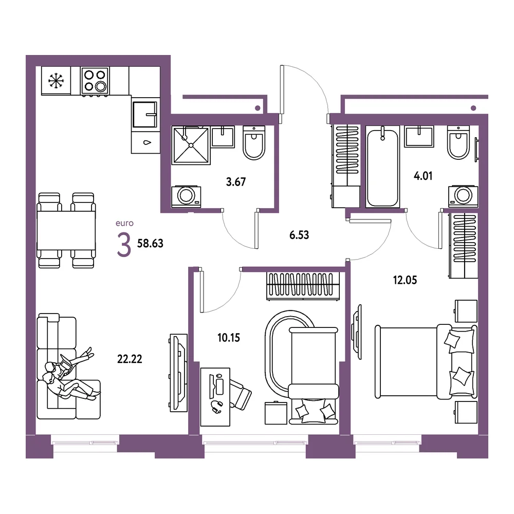 Планировка: Домашний 3-комнатная 58,63м²