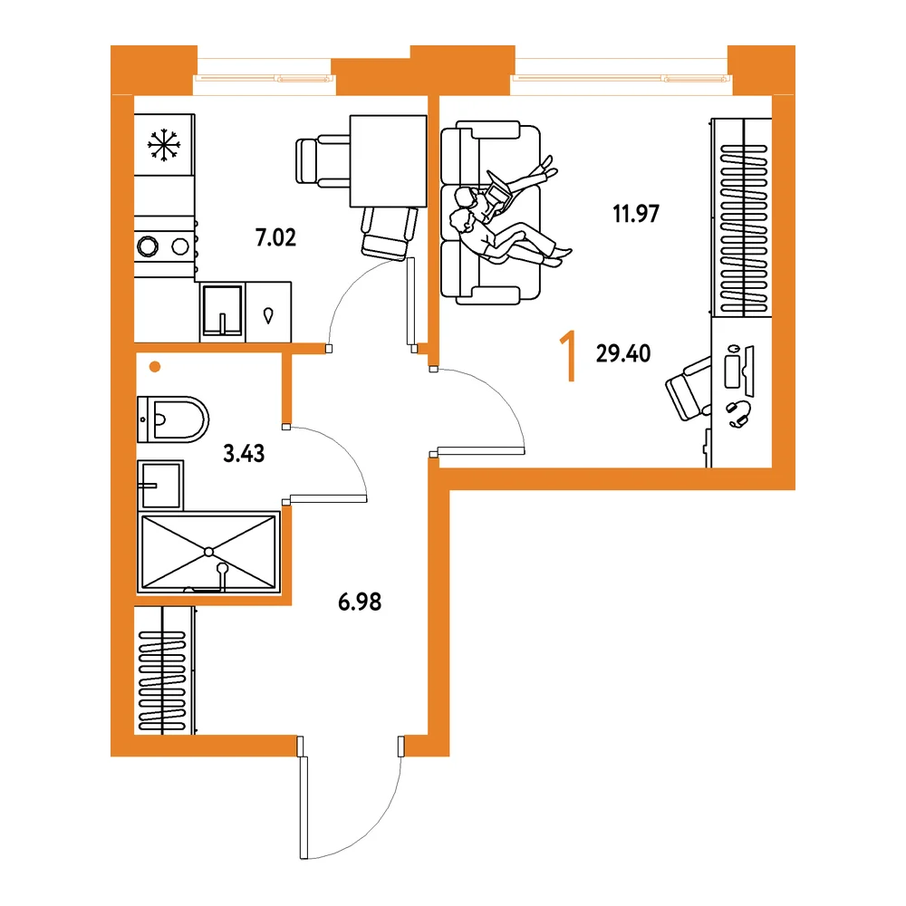 Планировка: Домашний 1-комнатная 29,40м²