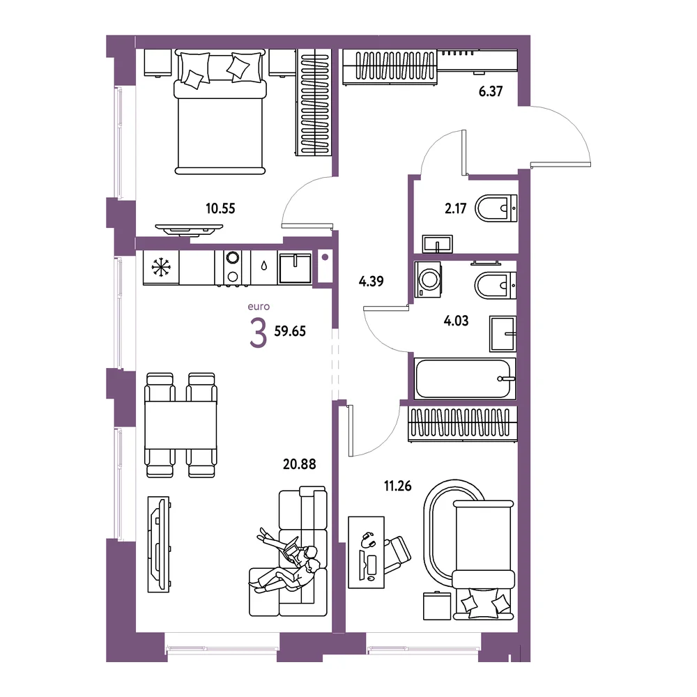 Планировка: Домашний 3-комнатная 59,65м²