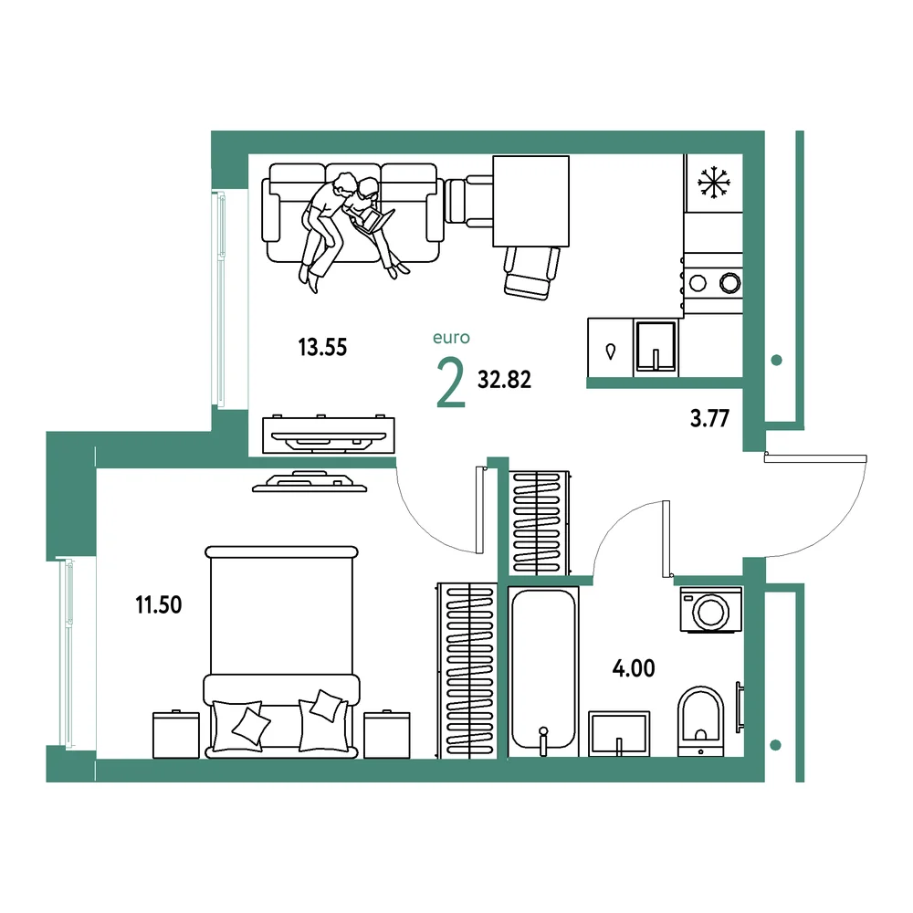 Планировка: Домашний 2-комнатная 32,82м²