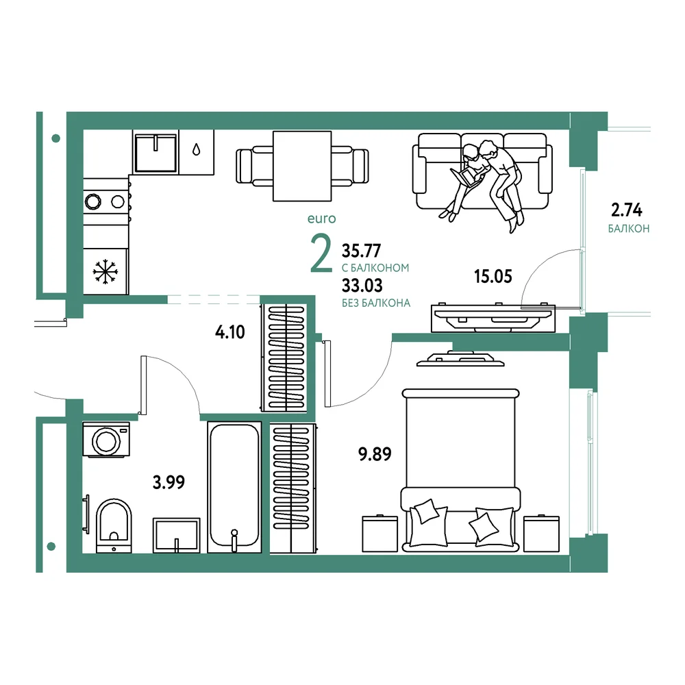 Планировка: Домашний 2-комнатная 35,77м²