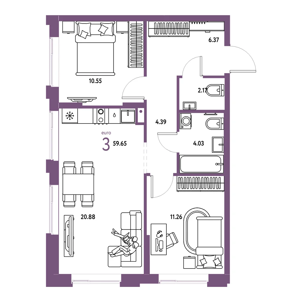 Планировка: Домашний 3-комнатная 59,65м²