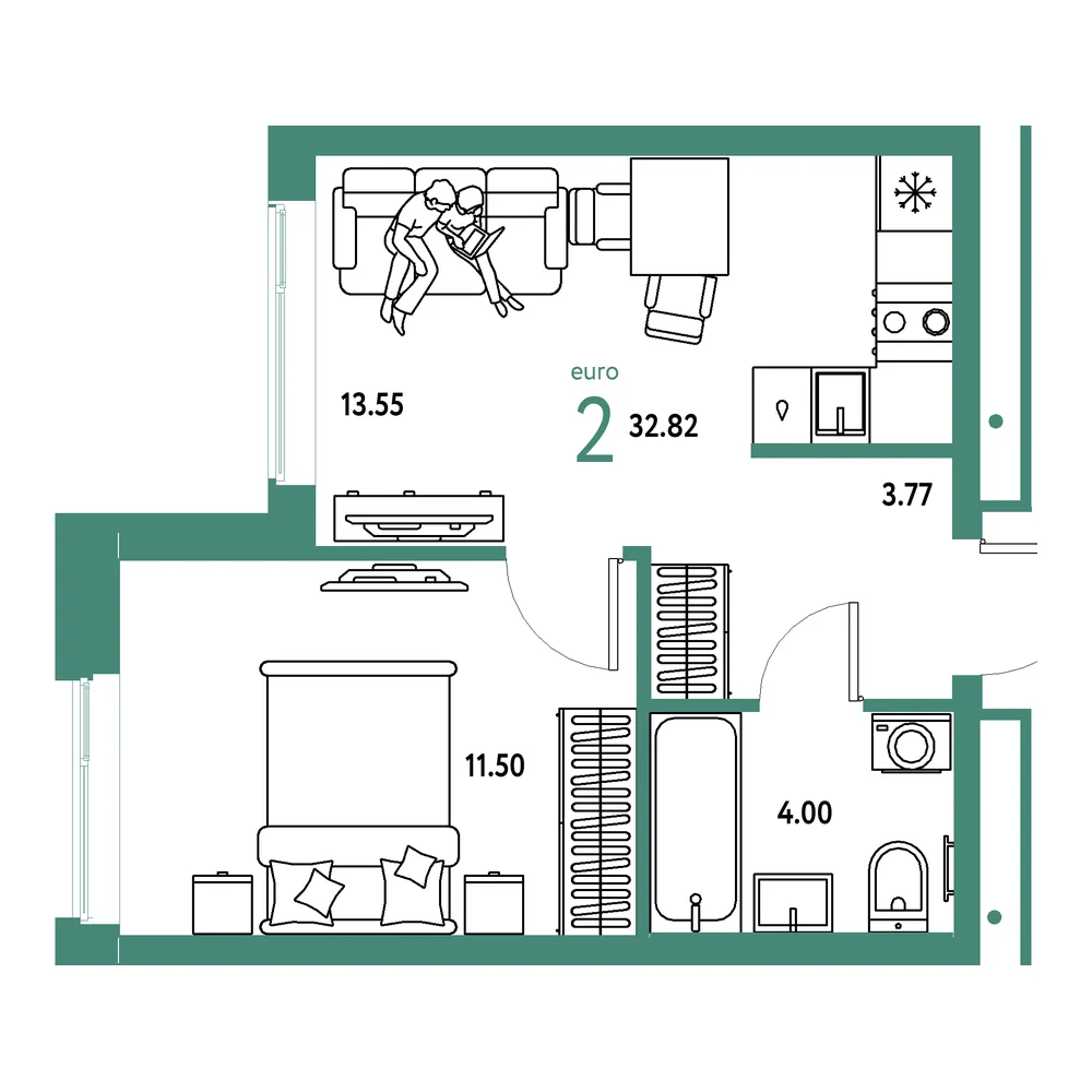 Планировка: Домашний 2-комнатная 32,82м²