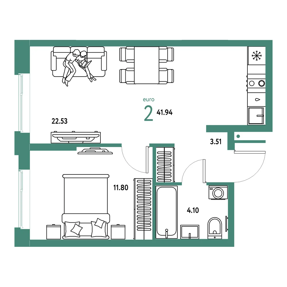 Планировка: Домашний 2-комнатная 41,94м²