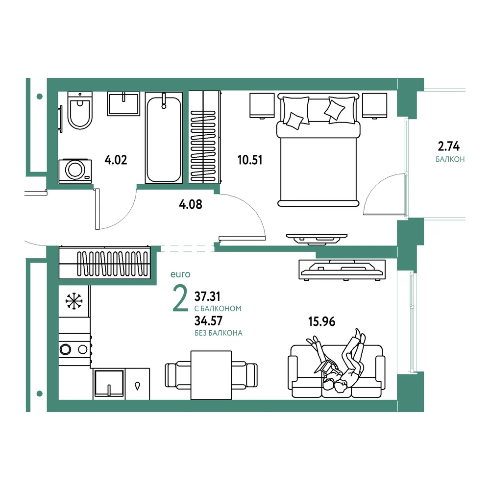 Планировка: Домашний 2-комнатная 37,31м²