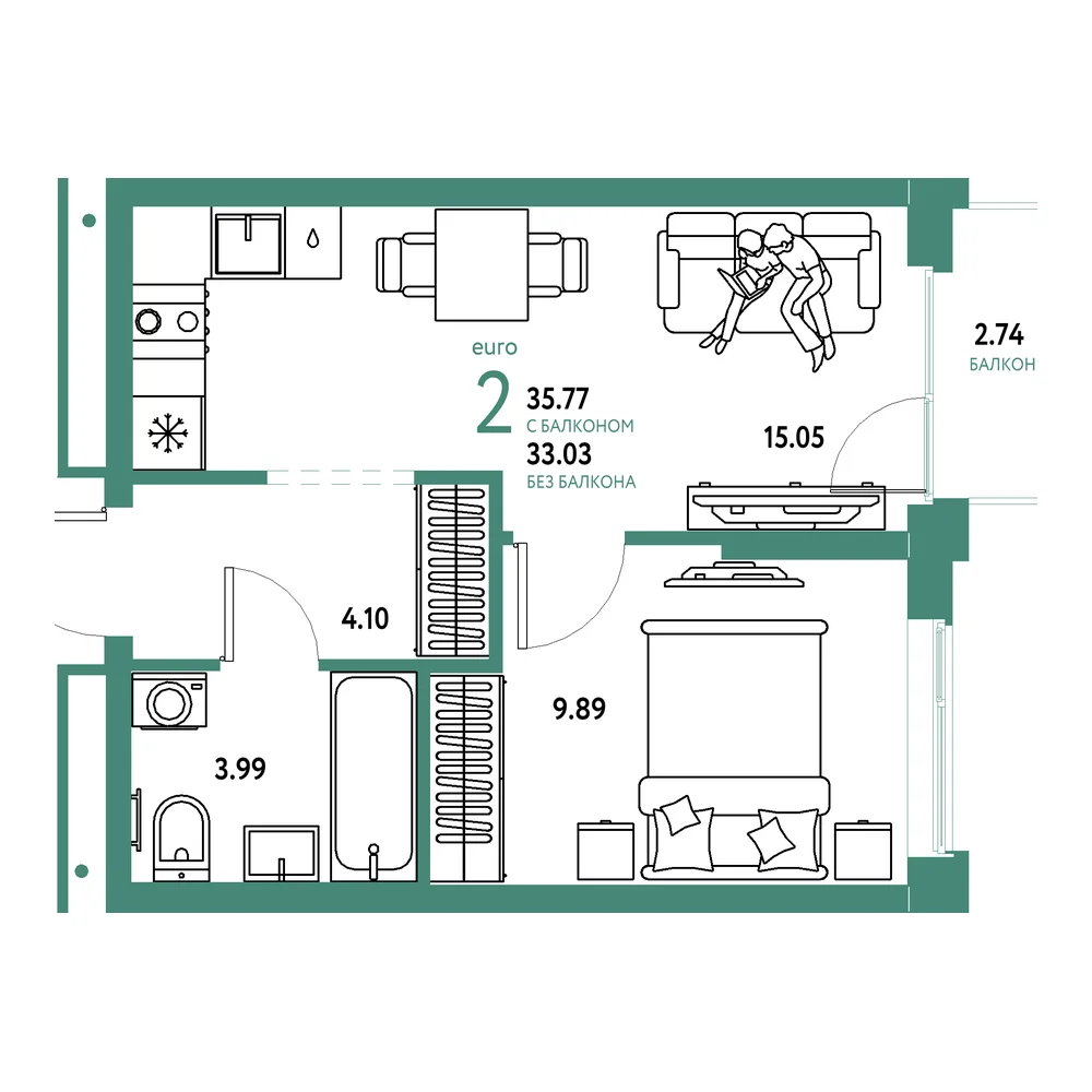 Планировка: Домашний 2-комнатная 35,77м²