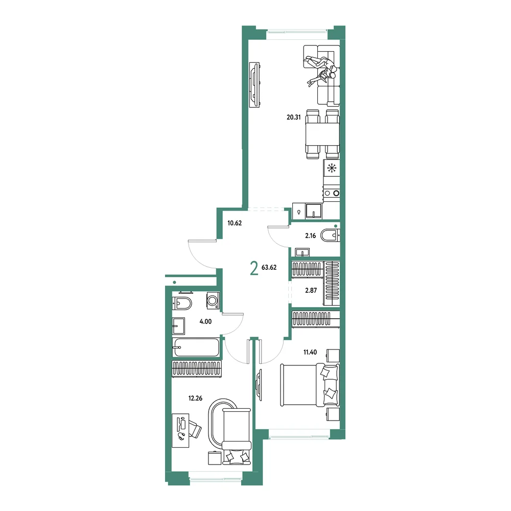Планировка: Домашний 2-комнатная 63,62м²