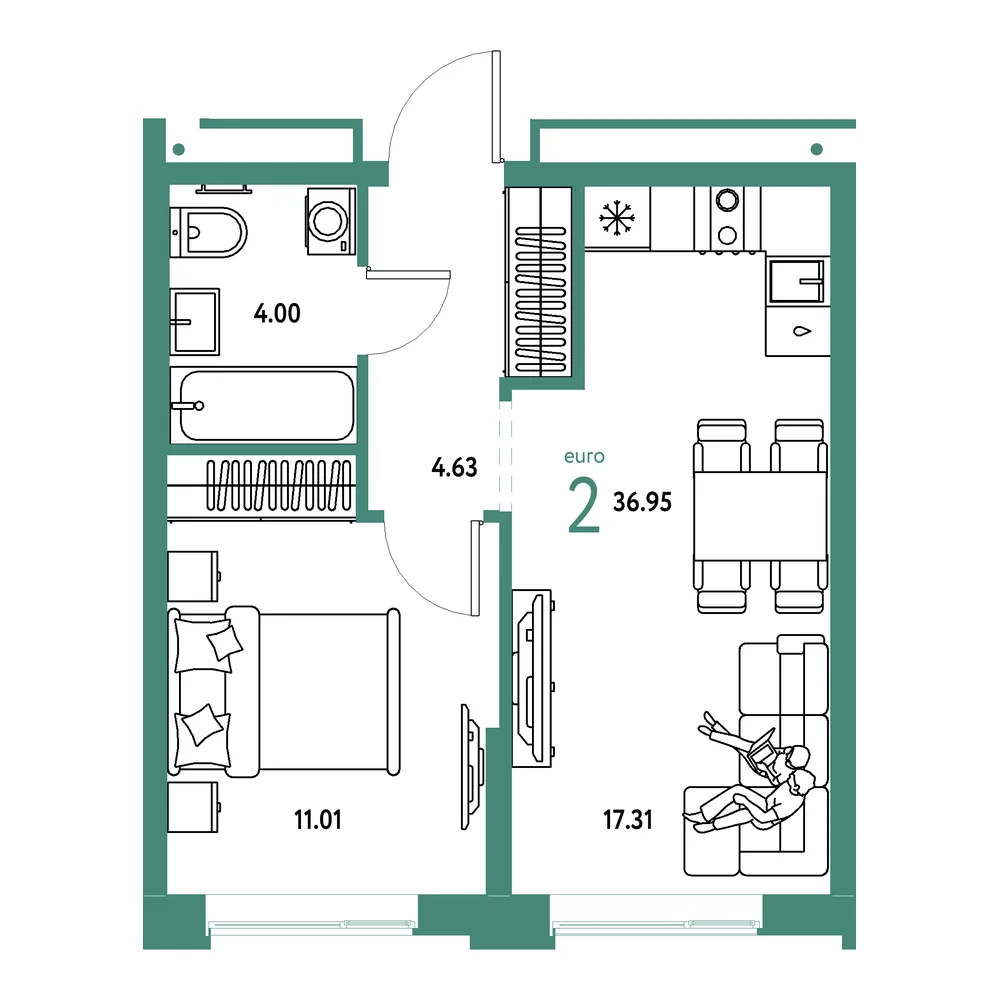 Планировка: Домашний 2-комнатная 36,95м²