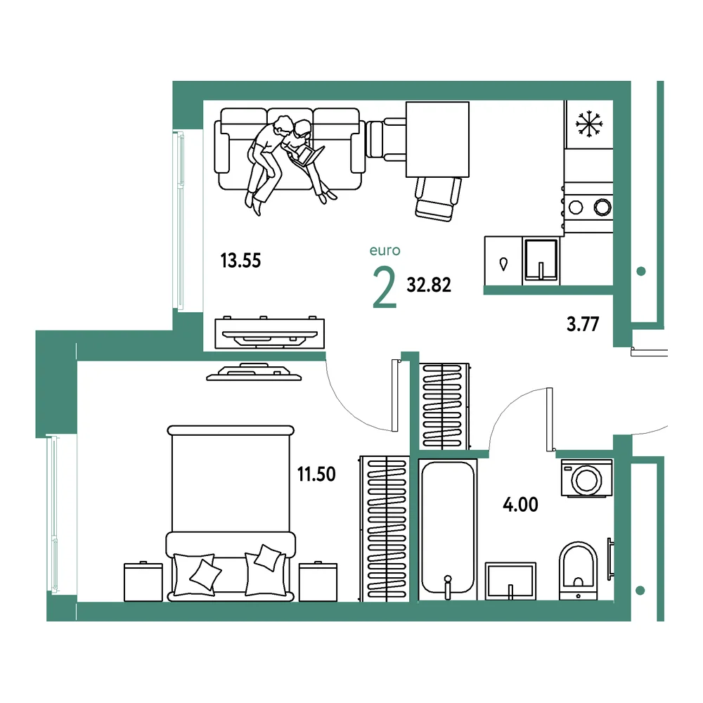 Планировка: Домашний 2-комнатная 32,82м²