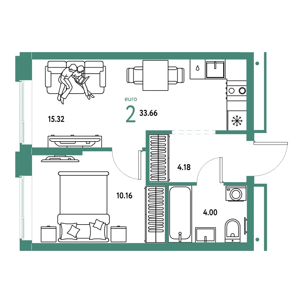 Планировка: Домашний 2-комнатная 33,66м²