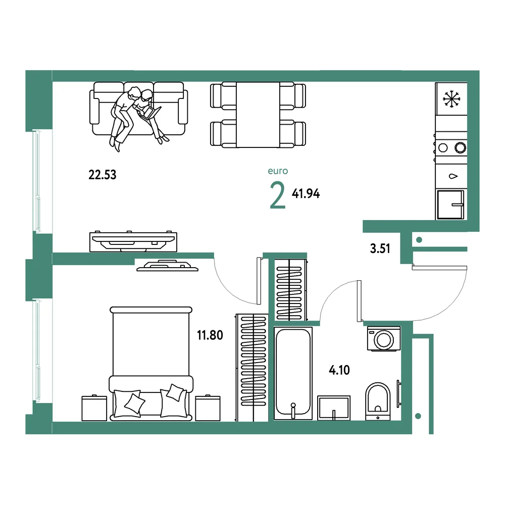 Планировка: Домашний 2-комнатная 41,94м²