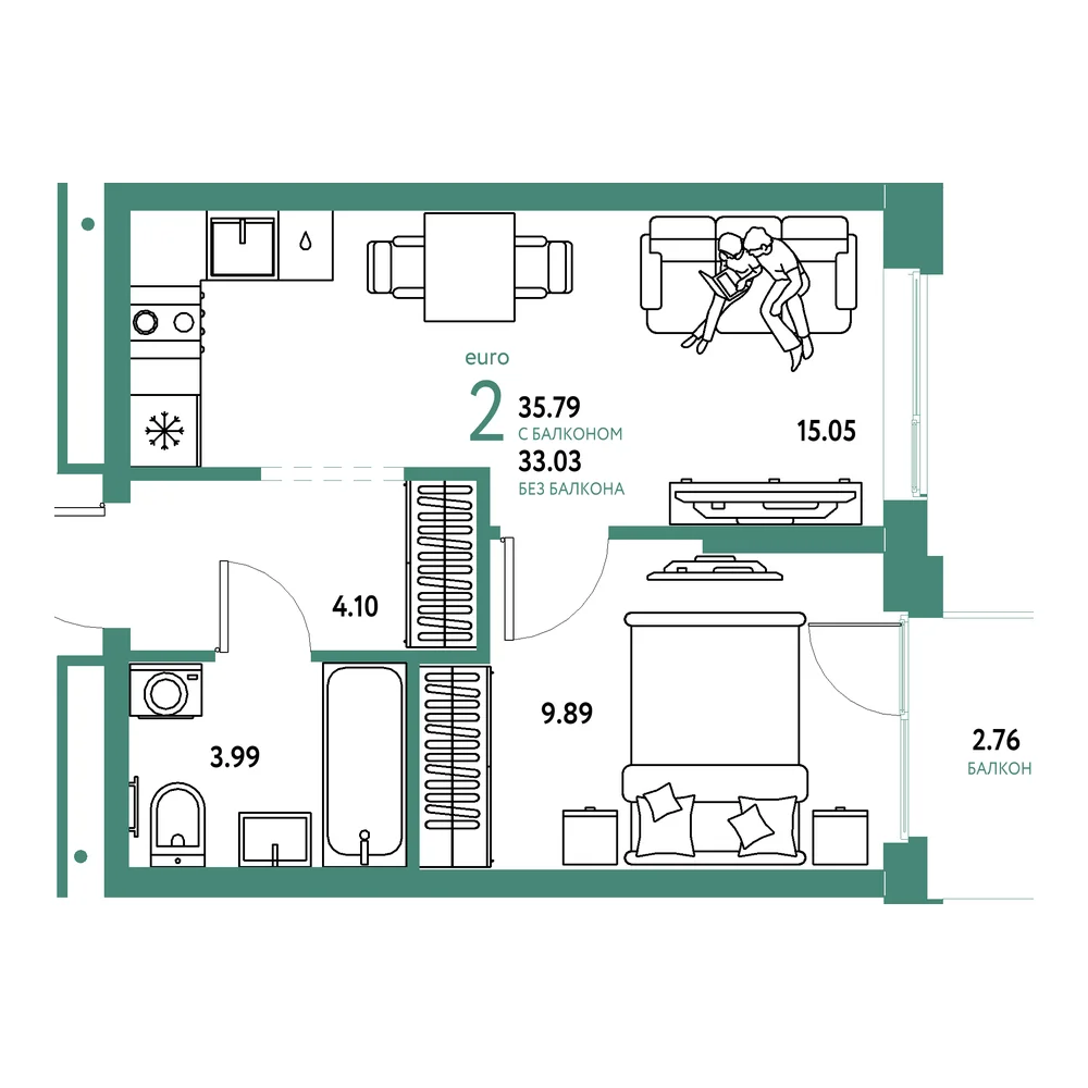 Планировка: Домашний 2-комнатная 35,79м²