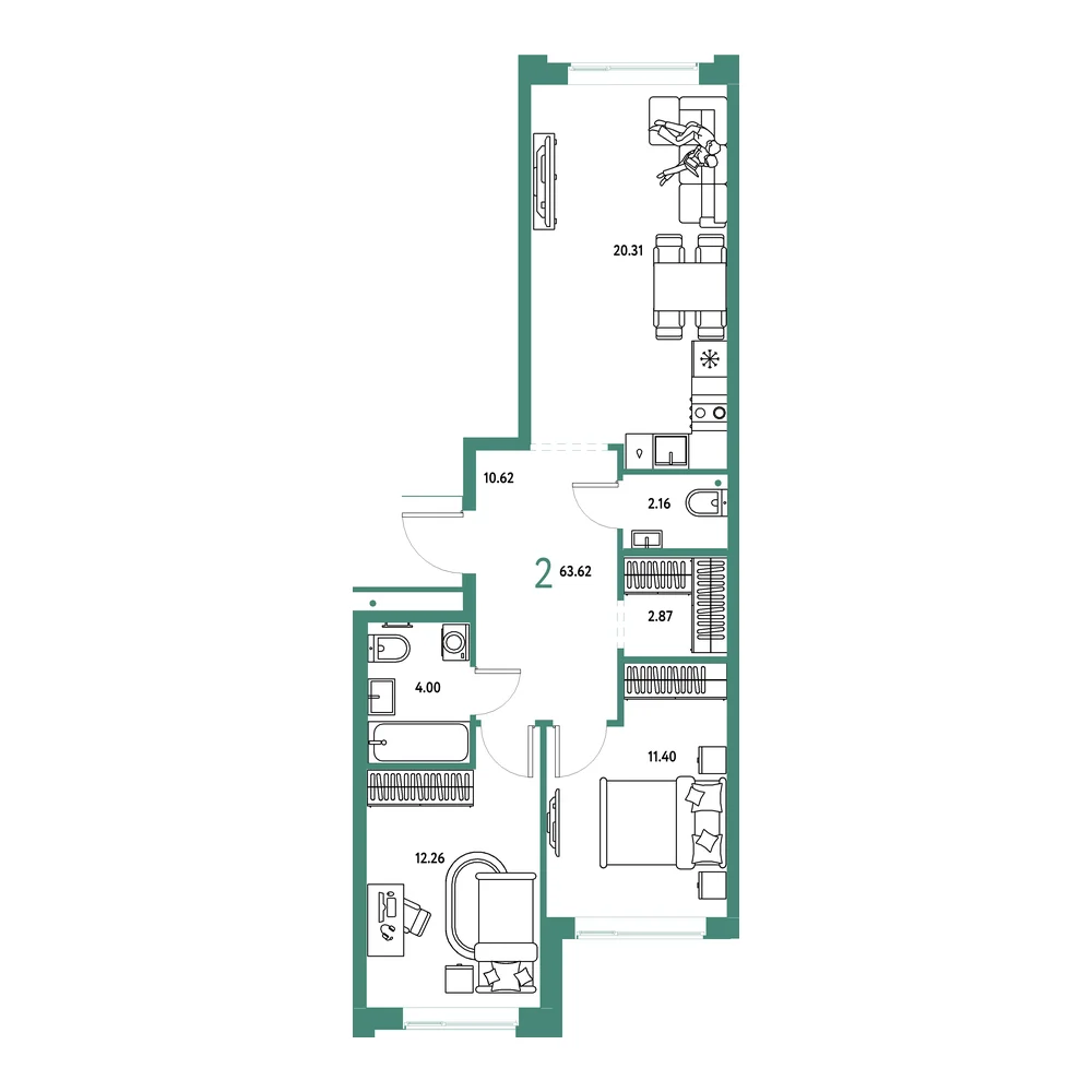 Планировка: Домашний 2-комнатная 63,62м²