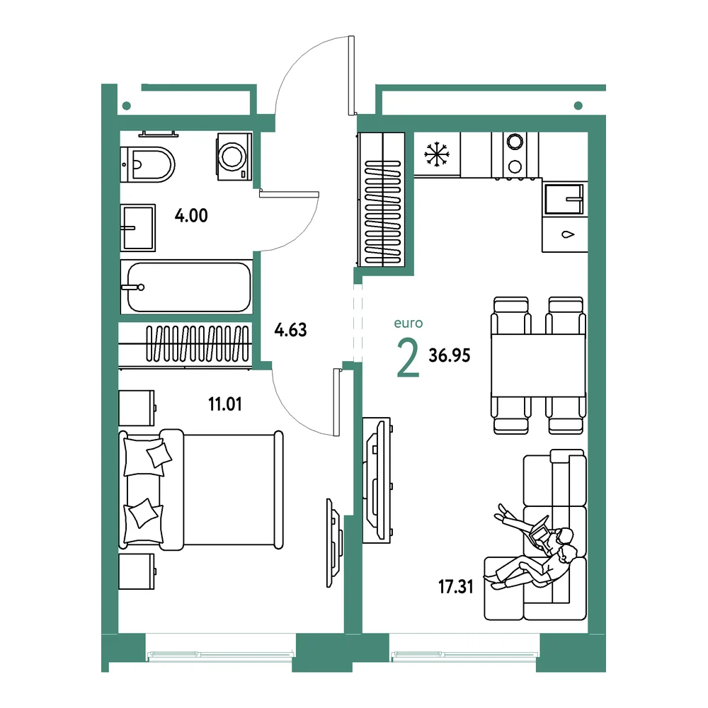 Планировка: Домашний 2-комнатная 36,95м²