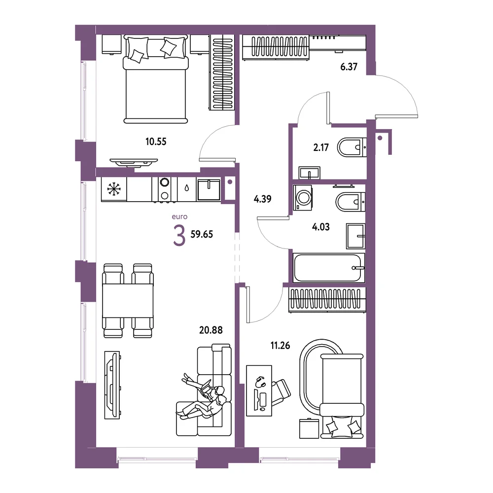 Планировка: Домашний 3-комнатная 59,65м²