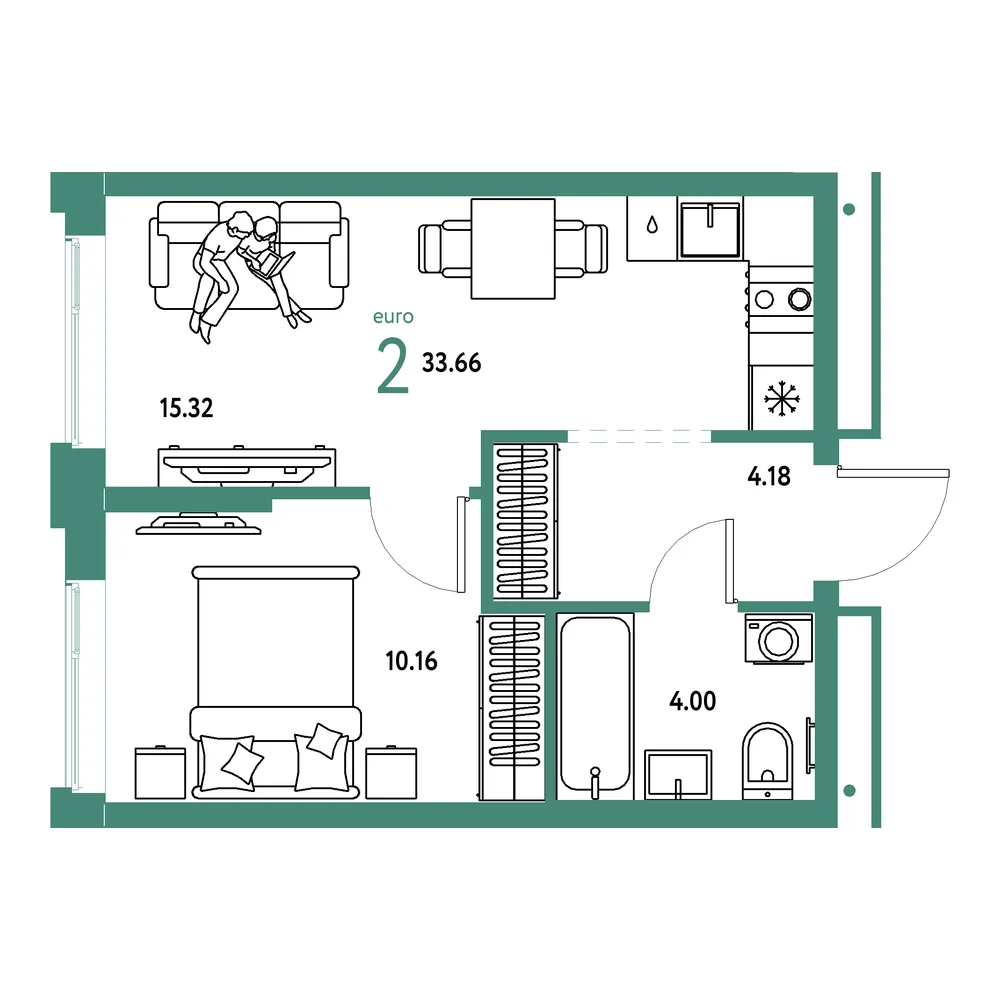 Планировка: Домашний 2-комнатная 33,66м²