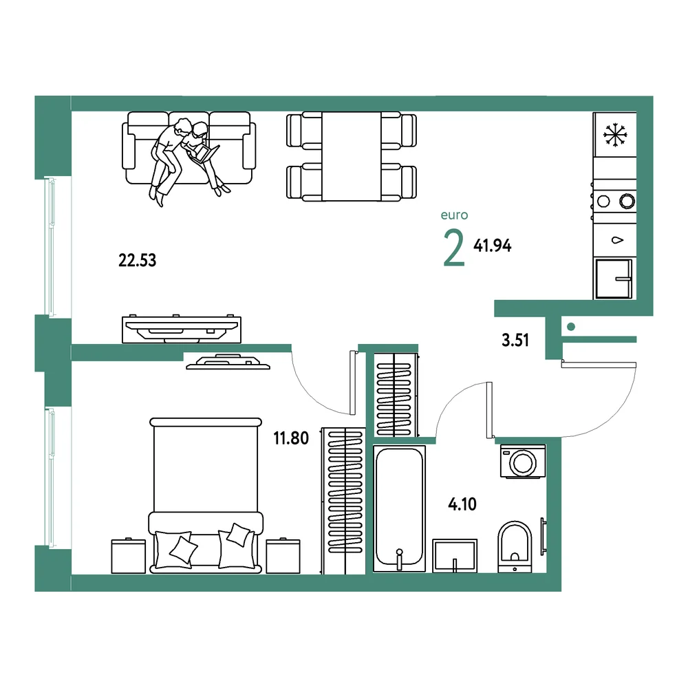 Планировка: Домашний 2-комнатная 41,94м²