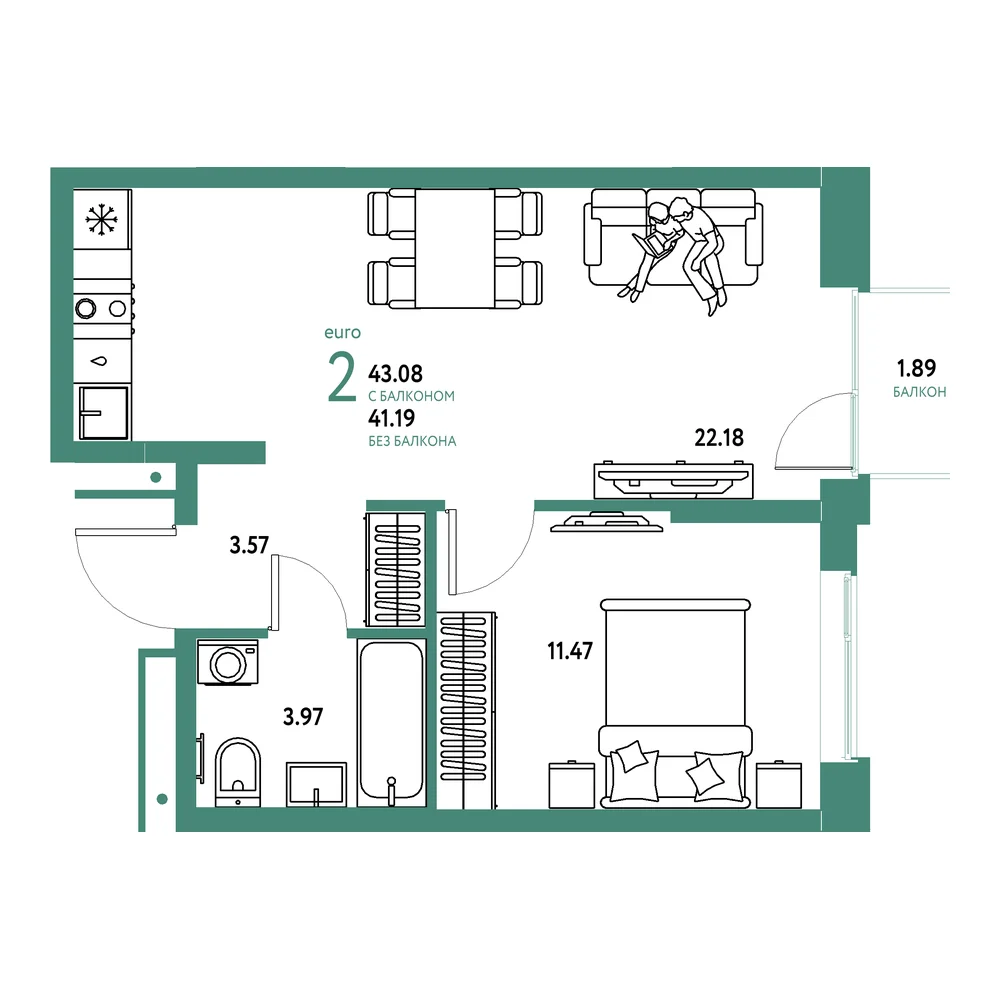 Планировка: Домашний 2-комнатная 43,08м²