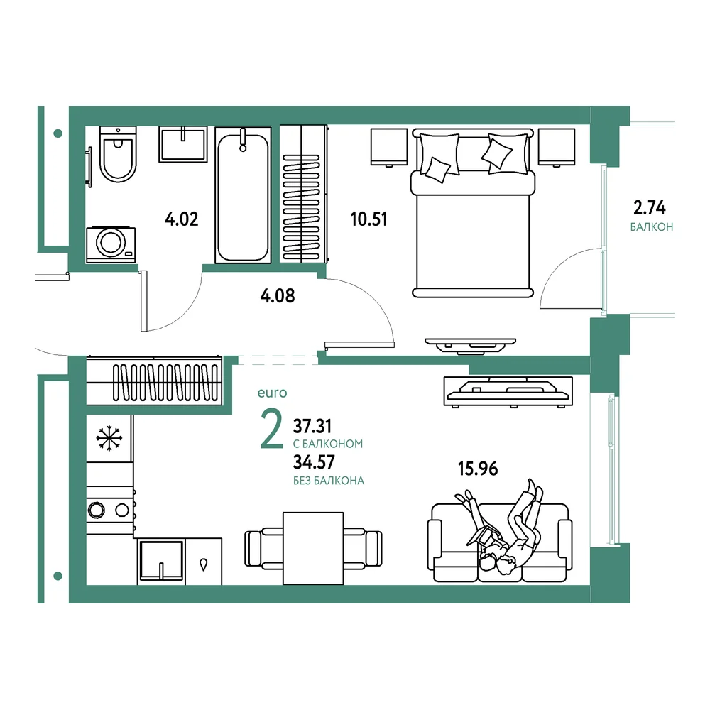 Планировка: Домашний 2-комнатная 37,31м²