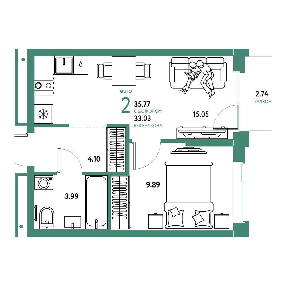 Планировка: Домашний 2-комнатная 35,77м²
