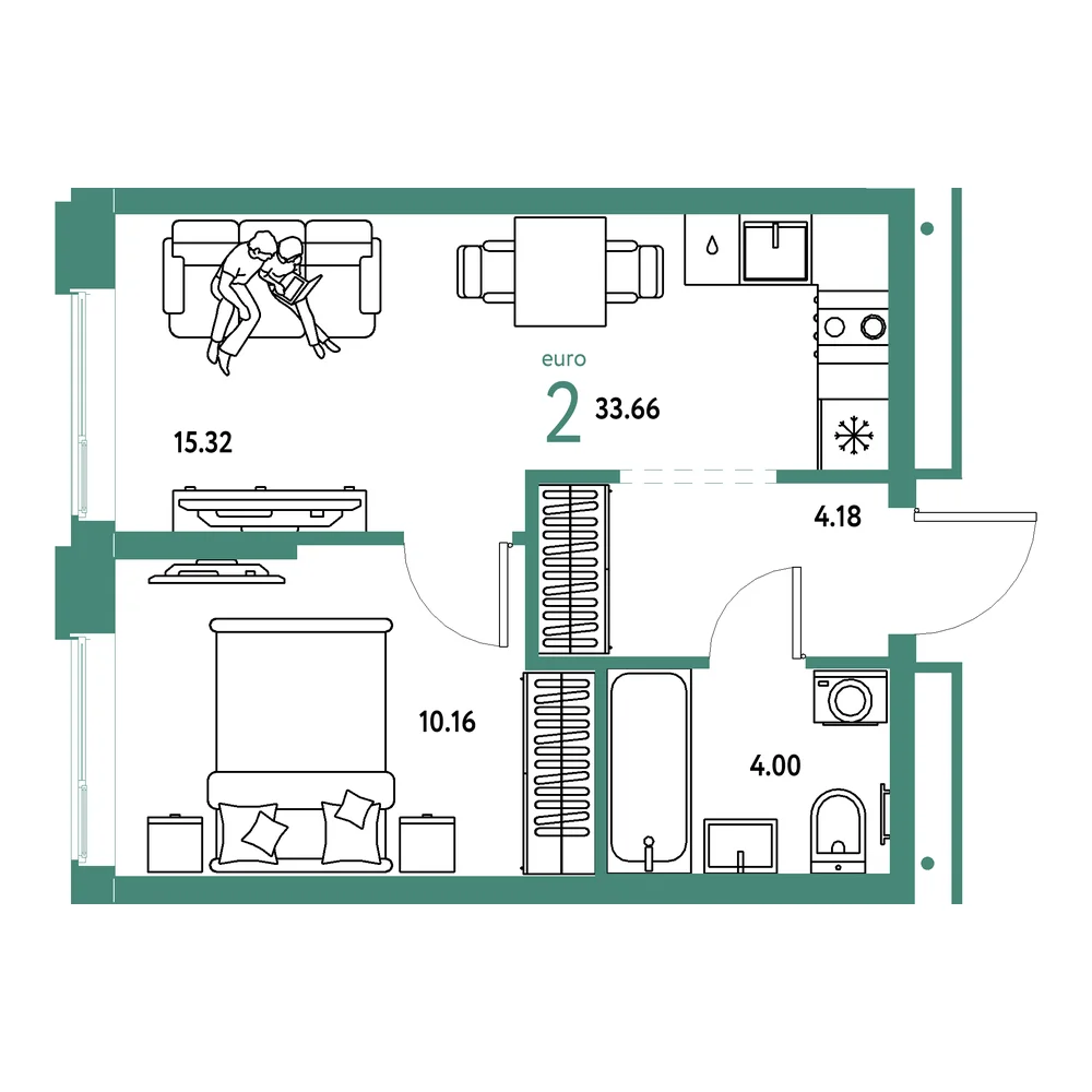 Планировка: Домашний 2-комнатная 33,66м²