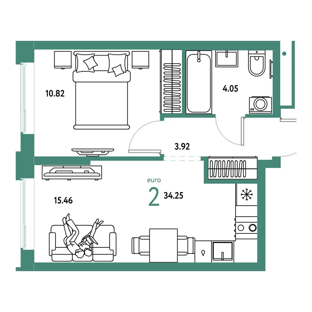 Планировка: Домашний 2-комнатная 34,25м²