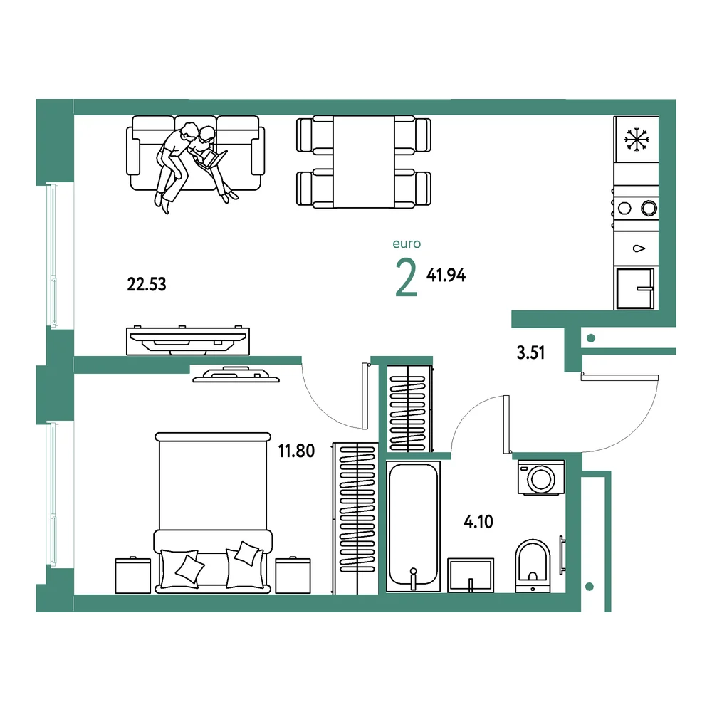 Планировка: Домашний 2-комнатная 41,94м²