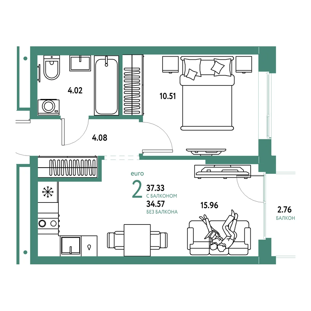 Планировка: Домашний 2-комнатная 37,33м²