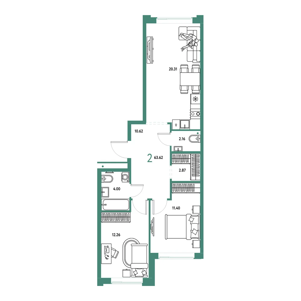Планировка: Домашний 2-комнатная 63,62м²