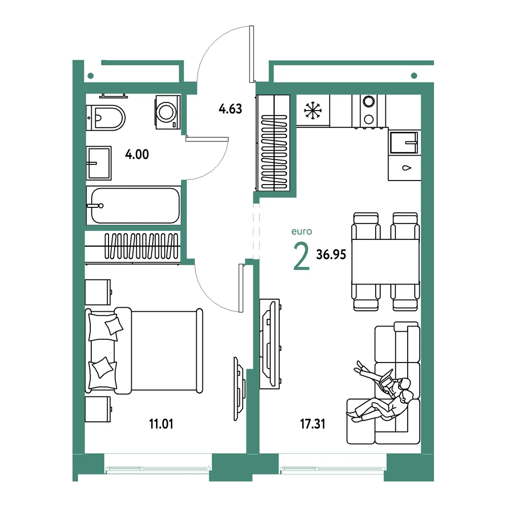 Планировка: Домашний 2-комнатная 36,95м²