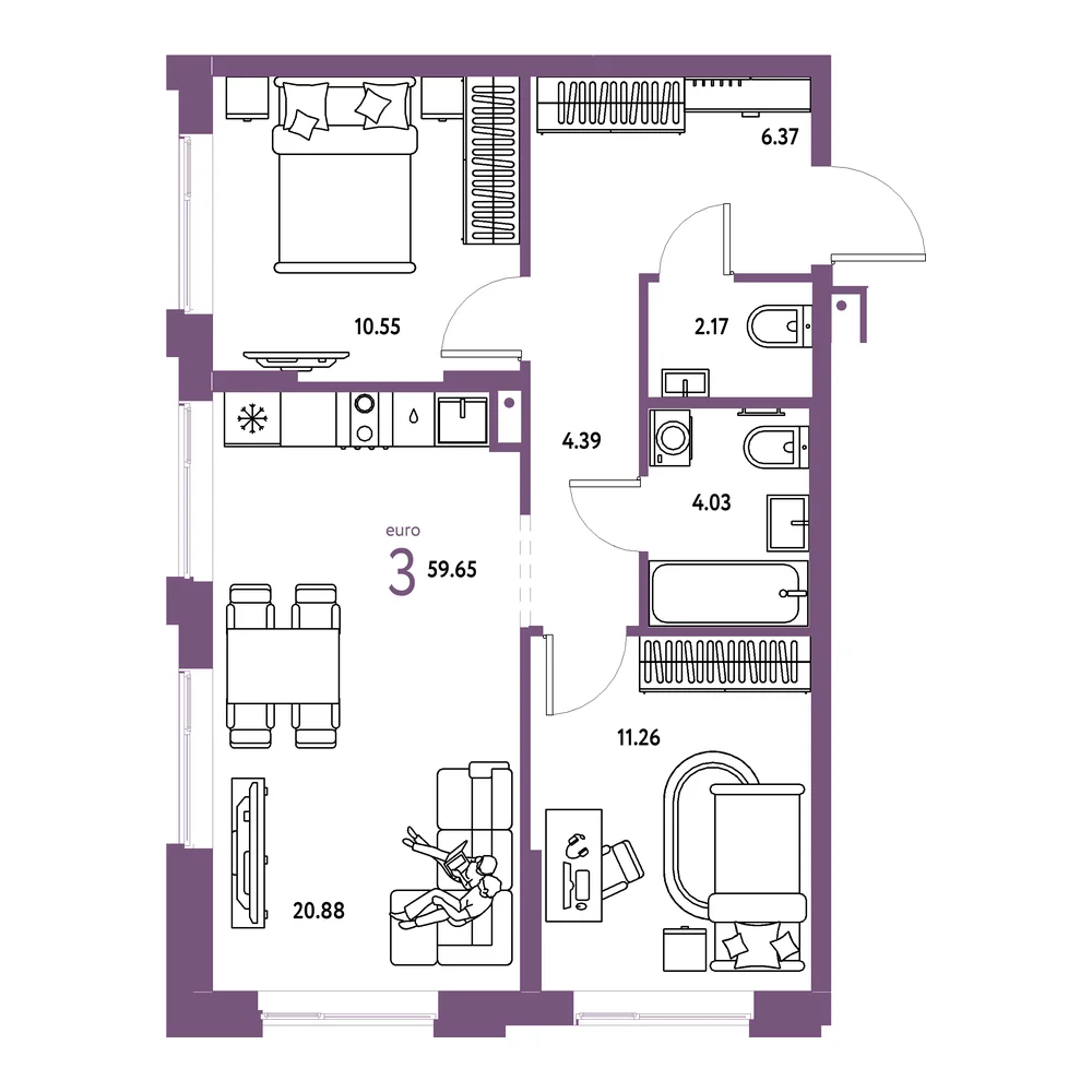Планировка: Домашний 3-комнатная 59,65м²