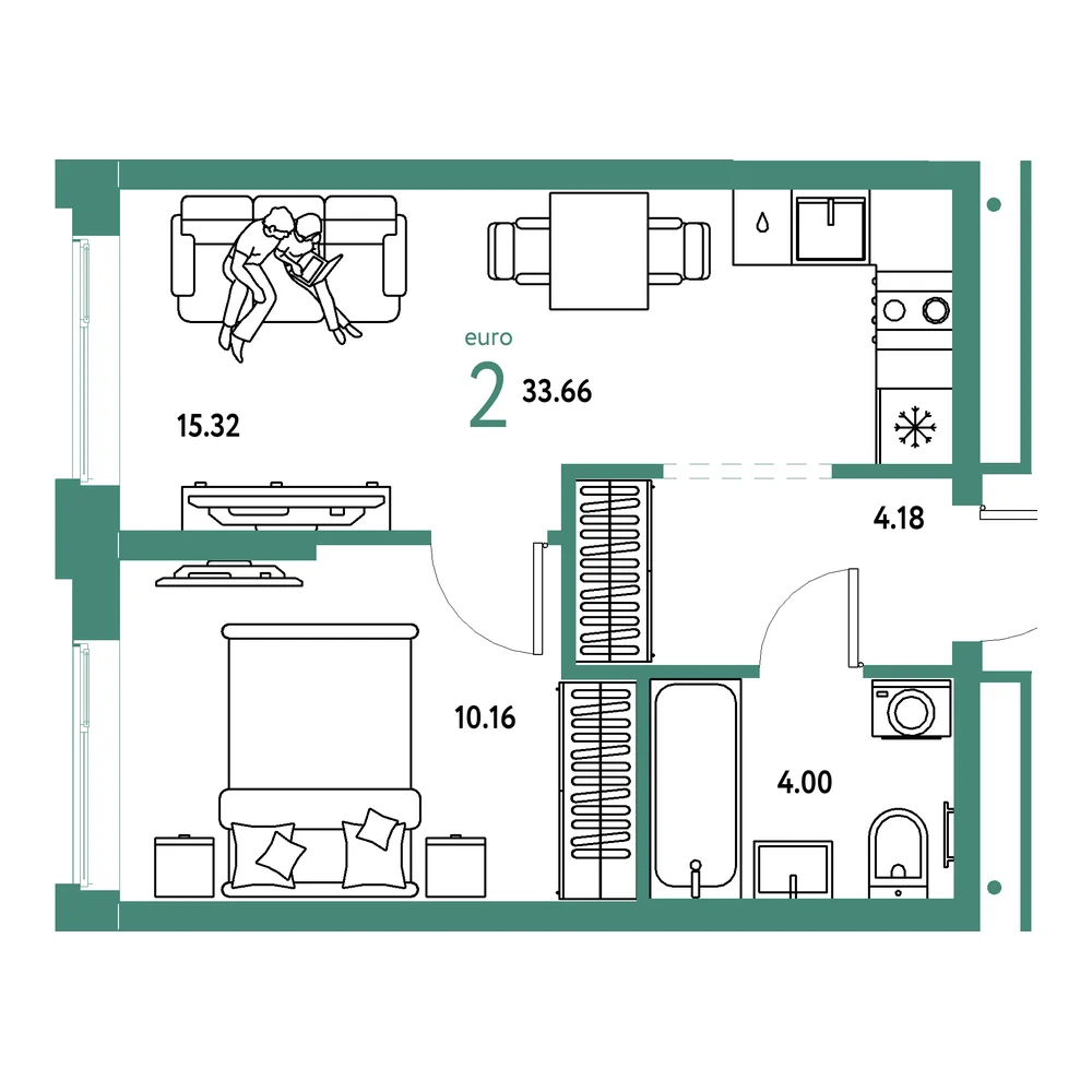 Планировка: Домашний 2-комнатная 33,66м²