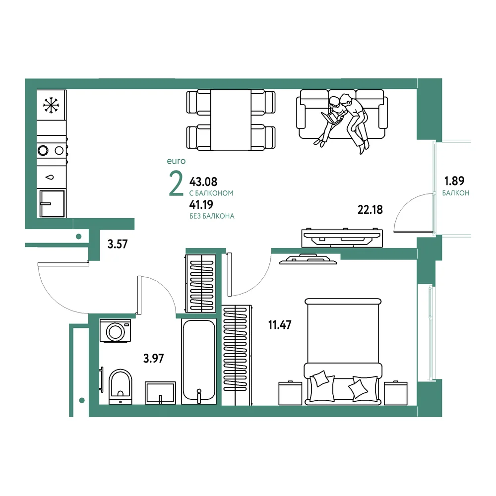 Планировка: Домашний 2-комнатная 43,08м²