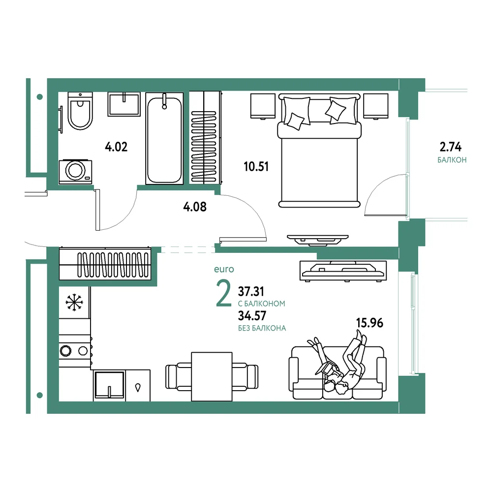 Планировка: Домашний 2-комнатная 37,31м²