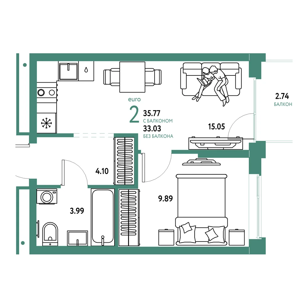 Планировка: Домашний 2-комнатная 35,77м²