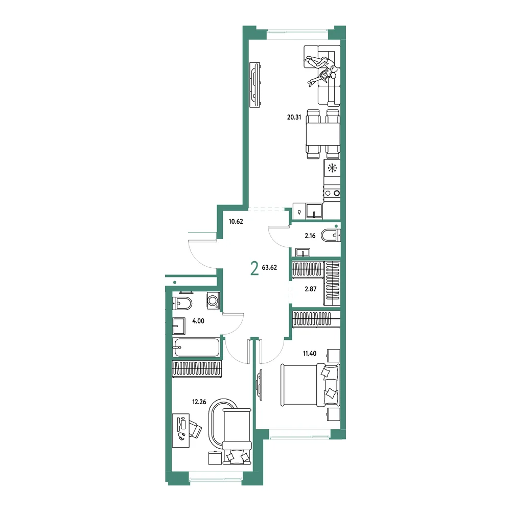 Планировка: Домашний 2-комнатная 63,62м²